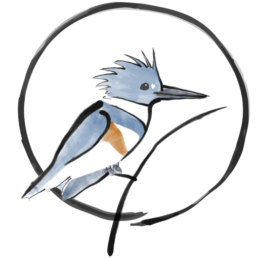 Halcyon House logo. A king fisher. A dark hand painted looking circle surrounds the king fisher. It sits on a dark hand painted reed.