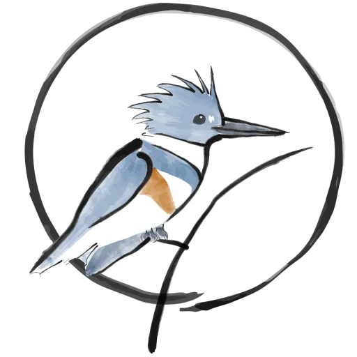 Halcyon House logo. A king fisher. A dark hand painted looking circle surrounds the king fisher. It sits on a dark hand painted reed.